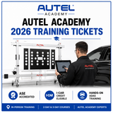 Promotional graphic for Autel Academy 2026 training tickets, featuring a white and black Autel training cart, a person using a tablet, and a black car in a studio setting, with Autel Academy branding and course highlights at the bottom.