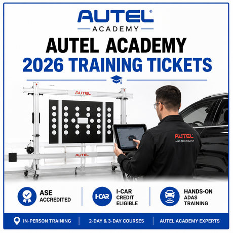 Promotional graphic for Autel Academy 2026 training tickets, featuring a white and black Autel training cart, a person using a tablet, and a black car in a studio setting, with Autel Academy branding and course highlights at the bottom.
