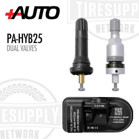 The image shows a Universal TPMS Sensor with Dual Valves, including a black sensor body and dual valve stems in gray and silver colors.