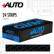 A box of +AUTO brand adhesive tape wheel weights, containing 24 strips with 144 pieces in black color.