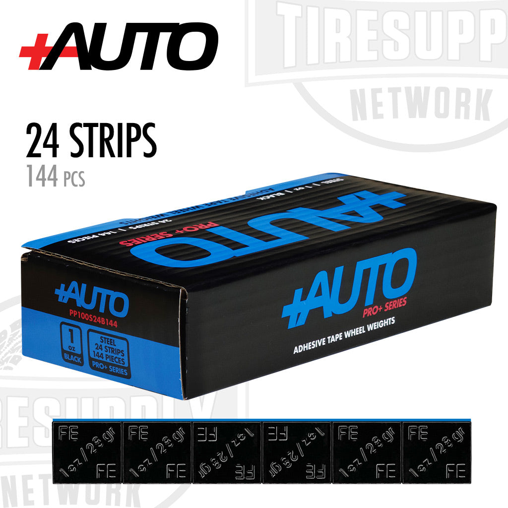 A box of +AUTO brand adhesive tape wheel weights, containing 24 strips with 144 pieces in black color.