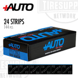 A box of +AUTO brand adhesive tape wheel weights, containing 24 strips with 144 pieces in black color.