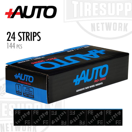 A box of +AUTO brand adhesive tape wheel weights, containing 24 strips with 144 pieces in black color.