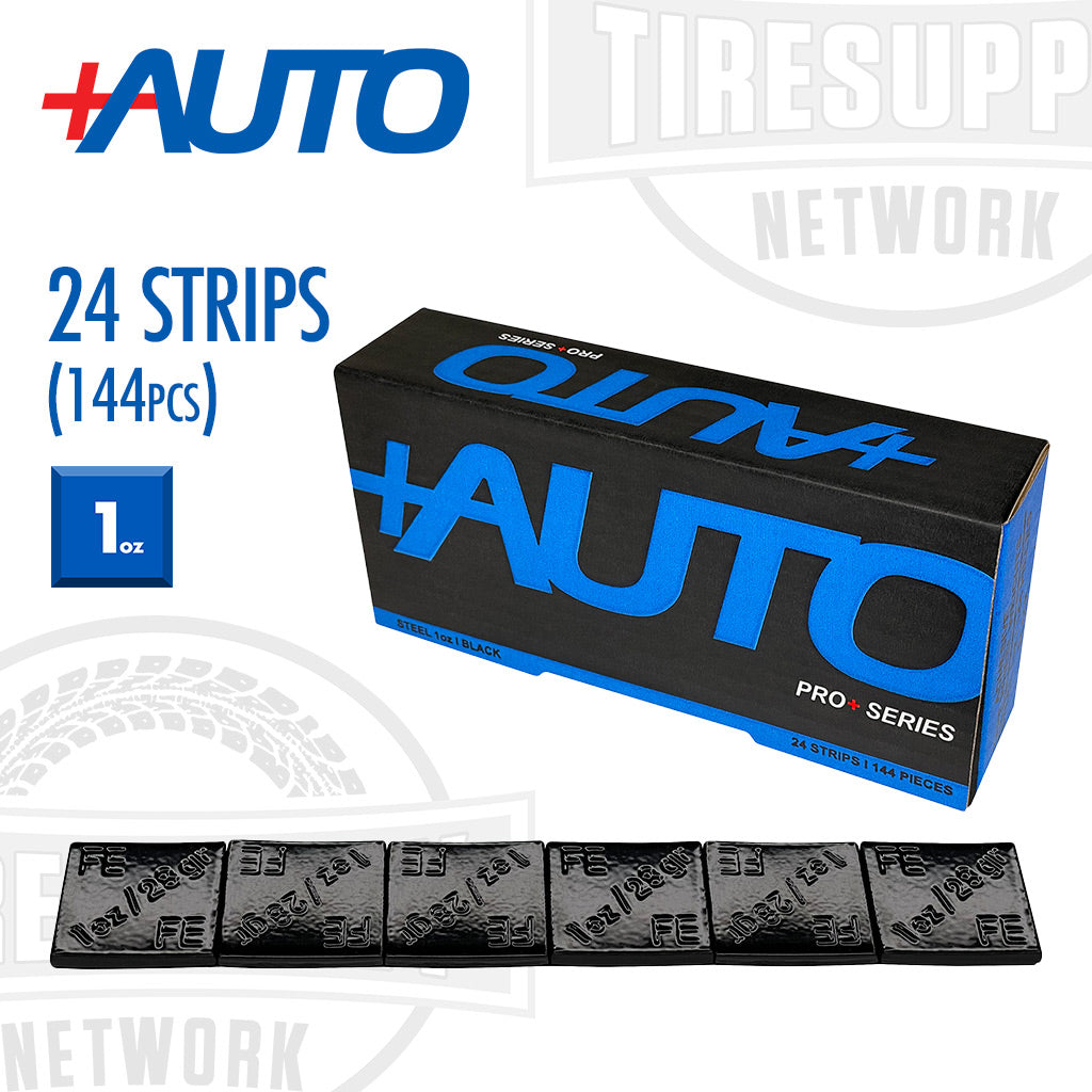 +AUTO | Steel 1 oz Stick-On Adhesive Tape Wheel Weight - 24 strips | 144 pcs | Black (PP100S24B144)