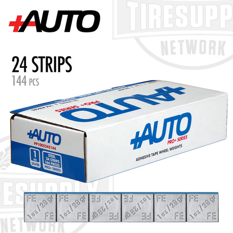 Box of +AUTO brand silver-colored steel stick-on adhesive tape wheel weights, containing 24 strips with 144 pieces in total.
