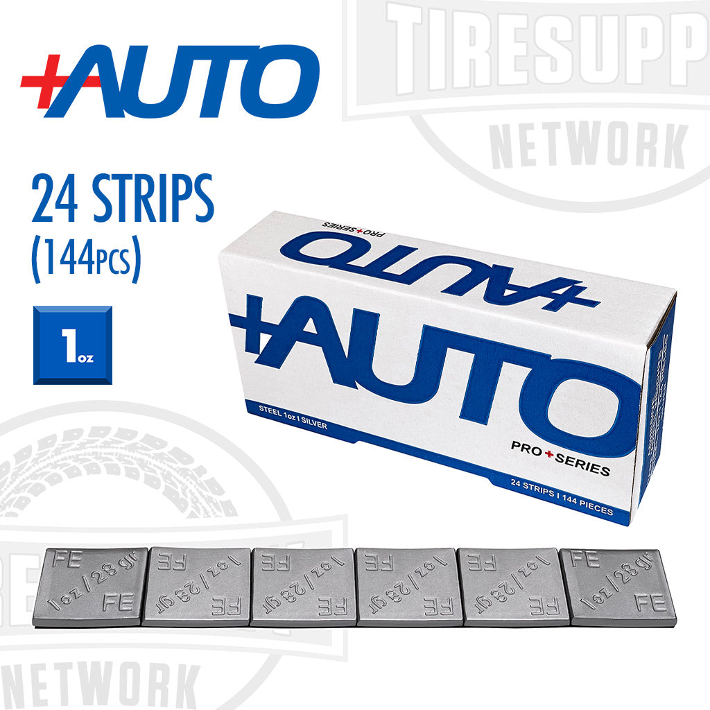 +AUTO | Steel 1 oz Stick-On Adhesive Tape Wheel Weight - 24 strips | 144 pcs | Silver (PP100S24S144)