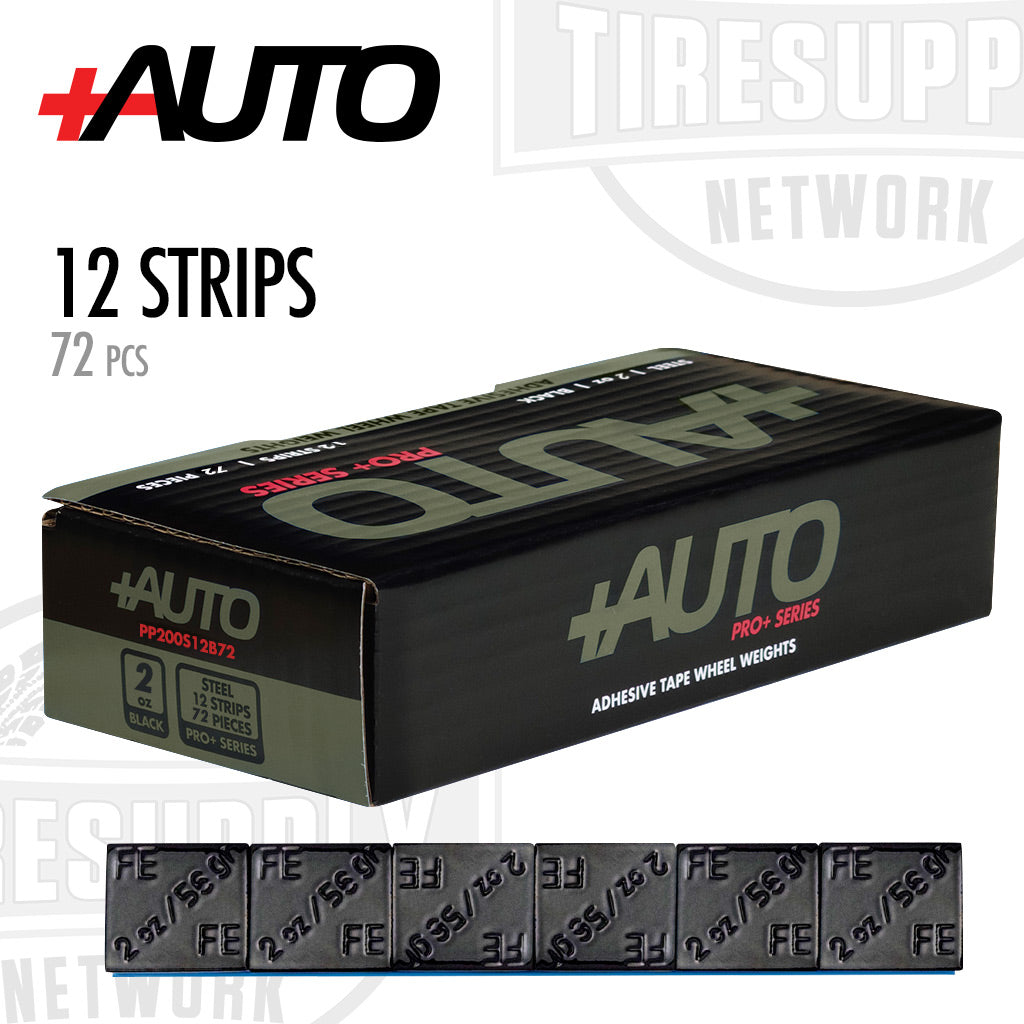 +AUTO | Steel 2 oz Stick-On Adhesive Tape Wheel Weight - 12 strips | 72 pcs | Black (PP200S12B72)