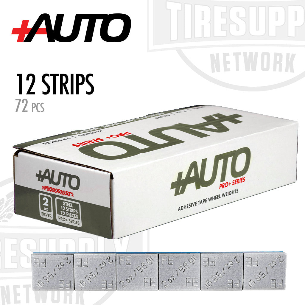 A box of +AUTO brand silver-colored steel 2 oz stick-on adhesive tape wheel weights, containing 12 strips with 72 pieces per strip.