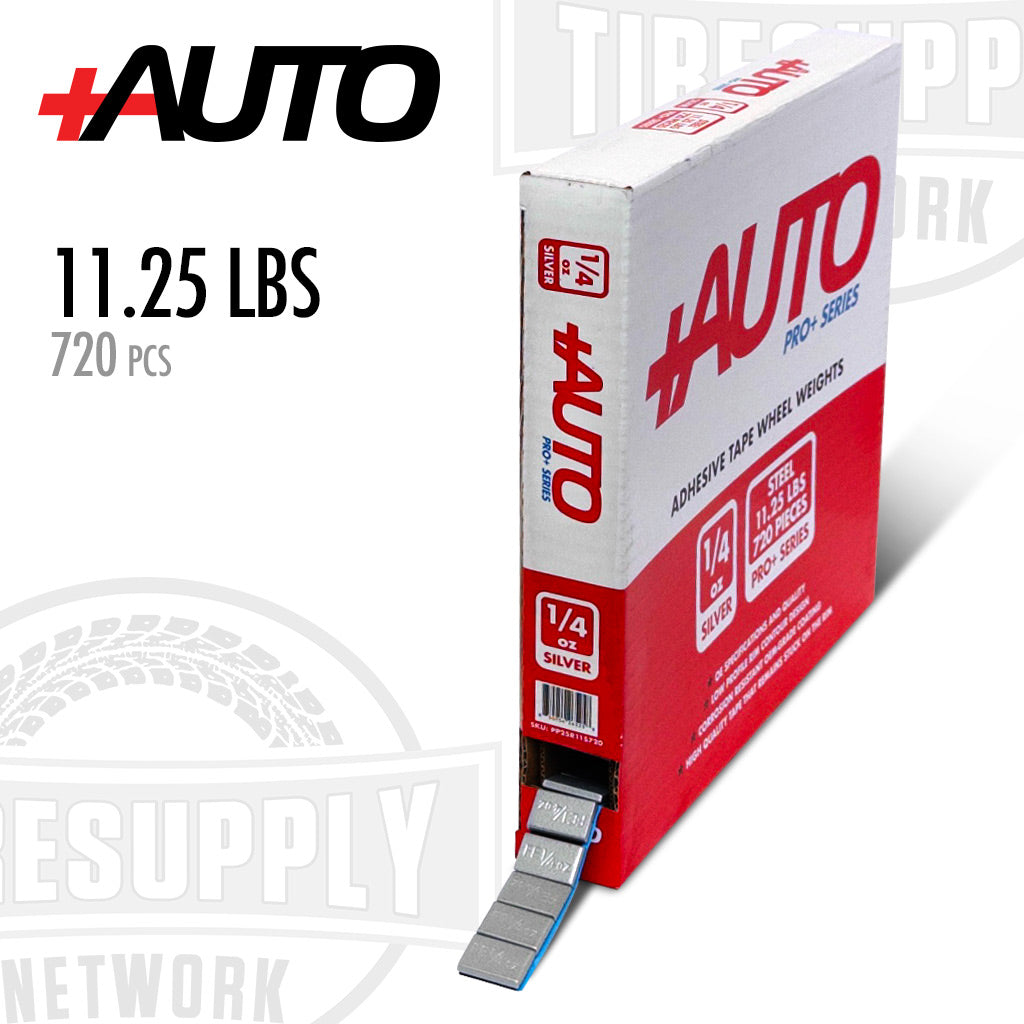 +AUTO | Steel 1/4 oz Stick-On Adhesive Tape Wheel Weight - 11.25 lbs | 720 pcs | Silver (PP25R11S720)