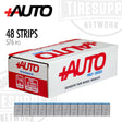 A box of +AUTO brand adhesive tape wheel weights, with text indicating 48 strips and 576 pieces included.