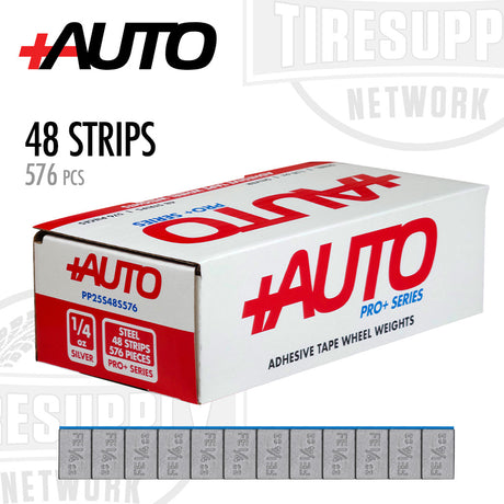 A box of +AUTO brand adhesive tape wheel weights, with text indicating 48 strips and 576 pieces included.