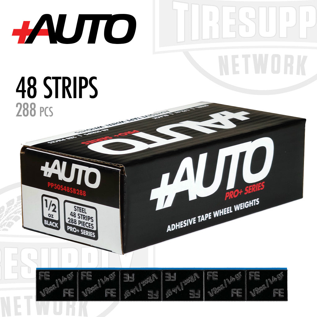 A box of +AUTO brand adhesive tape wheel weights, containing 48 strips with 288 pieces in black color.