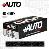 A box of +AUTO brand adhesive tape wheel weights, containing 48 strips with 288 pieces in black color.
