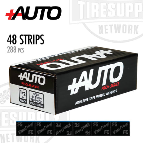 A box of +AUTO brand adhesive tape wheel weights, containing 48 strips with 288 pieces in black color.
