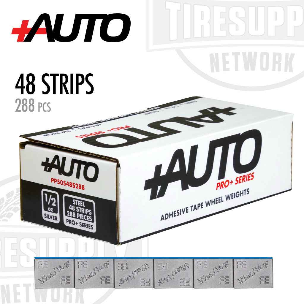 +AUTO | Steel 1/2 oz Stick-On Adhesive Tape Wheel Weight - 48 strips | 288 pcs | Silver (PP50S48S288)