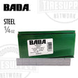 A box of BADA steel 1/4 oz low profile stick-on adhesive tape, with individual segments displayed in front.