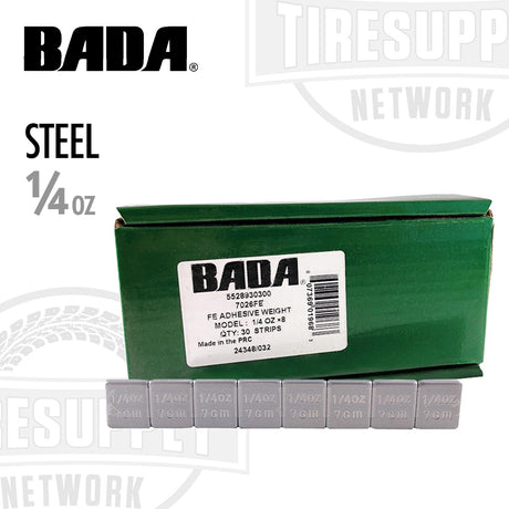 A box of BADA steel 1/4 oz low profile stick-on adhesive tape, with individual segments displayed in front.