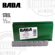 A box of BADA steel 1/2 oz stick-on adhesive tape for truck wheel balancing, with individual segments visible