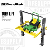 BendPak Turf Lift GP-7 XPR Series with a green lawn mower on a white background