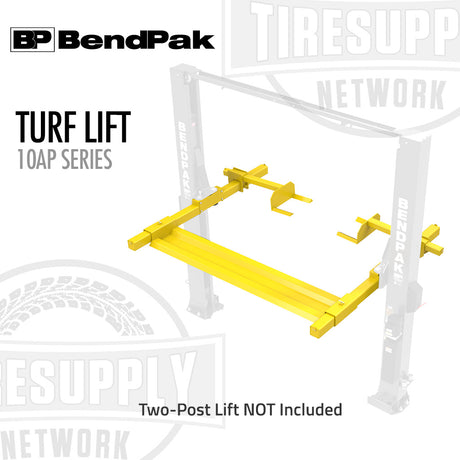 BendPak Turf Lift with yellow frame on a white background, featuring BendPak logo.
