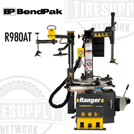 BendPak Ranger R980AT Swing Arm Single Tower Assist Tire Changer, with a 30-inch clamping ability, predominantly black and yellow in color.