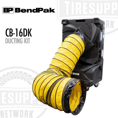 A yellow flexible ducting kit from BendPak, labeled as 'CB-16DK DUCTING KIT' for Cool Boss Evaporative Air Cooler, with the BOSS logo visible.