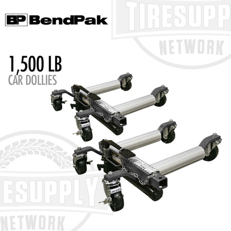 Two car dollies with 1,500 LB capacity on a white background with BendPak and TIRESUPPLY Network logos. 5150595
