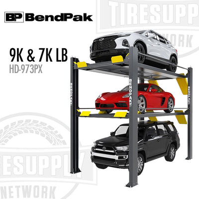 BendPak HD-973PX | 4-Post Lift 9,000-lb & 7,000-lb Capacity High-Rise Extended Length Tri-Level Parking - 151.5″ Rise