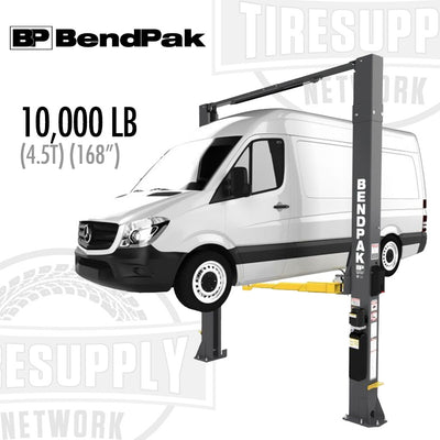A BendPak 2-Post Lift with a 10,000 lb capacity, adaptable clearfloor design, and overall height of 168 inches. The lift is black and has a white BendPak logo on it.