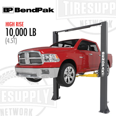 A red and white BendPak 2-Post Lift with a 10,000 lb capacity, featuring clearfloor design and adjustable width, displayed with the brand name prominently shown.