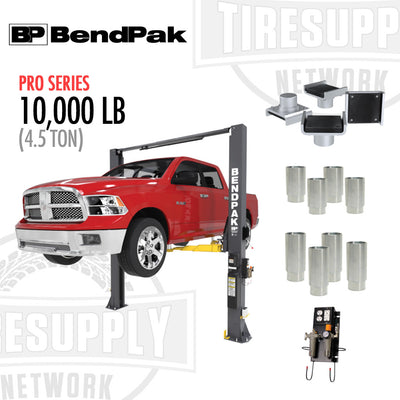 BendPak truck lift with red truck on a white background, featuring product branding.