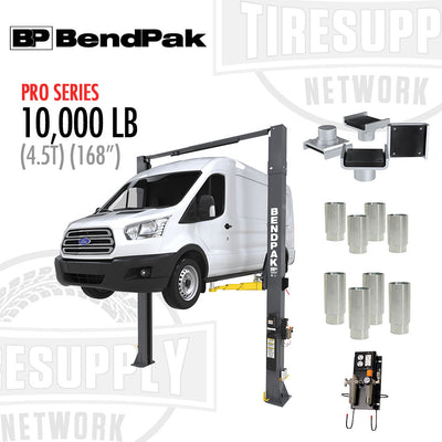 An image showcasing a BendPak 2-Post Lift with a 10,000 lb capacity, adaptable clearfloor, and overall height of 168 inches. The image displays the lift platform, support columns, and various adapters, indicating its robust construction and intended use for vehicle maintenance or repair.
