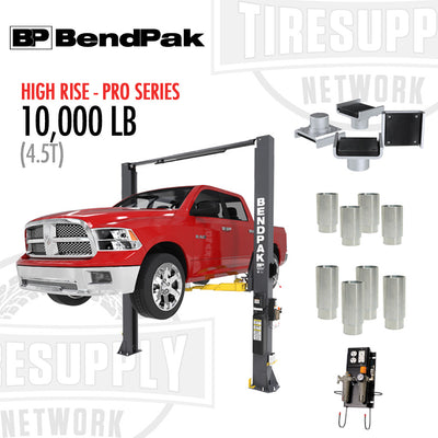BendPak High Rise Pro Series 10,000 lb 2-Post Lift with components displayed, including the lift platform, hydraulic cylinders, and adapters.