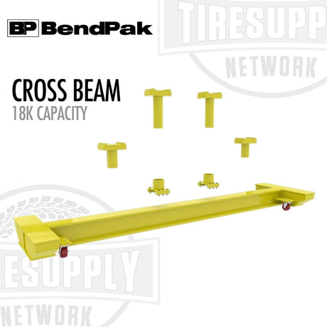 Yellow cross beam with 18k capacity on a white background, featuring BendPak branding. 5215423