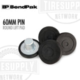 Round lift pad with 60mm pin on a white background with BendPak and Tire Supply Network logos. 5215760