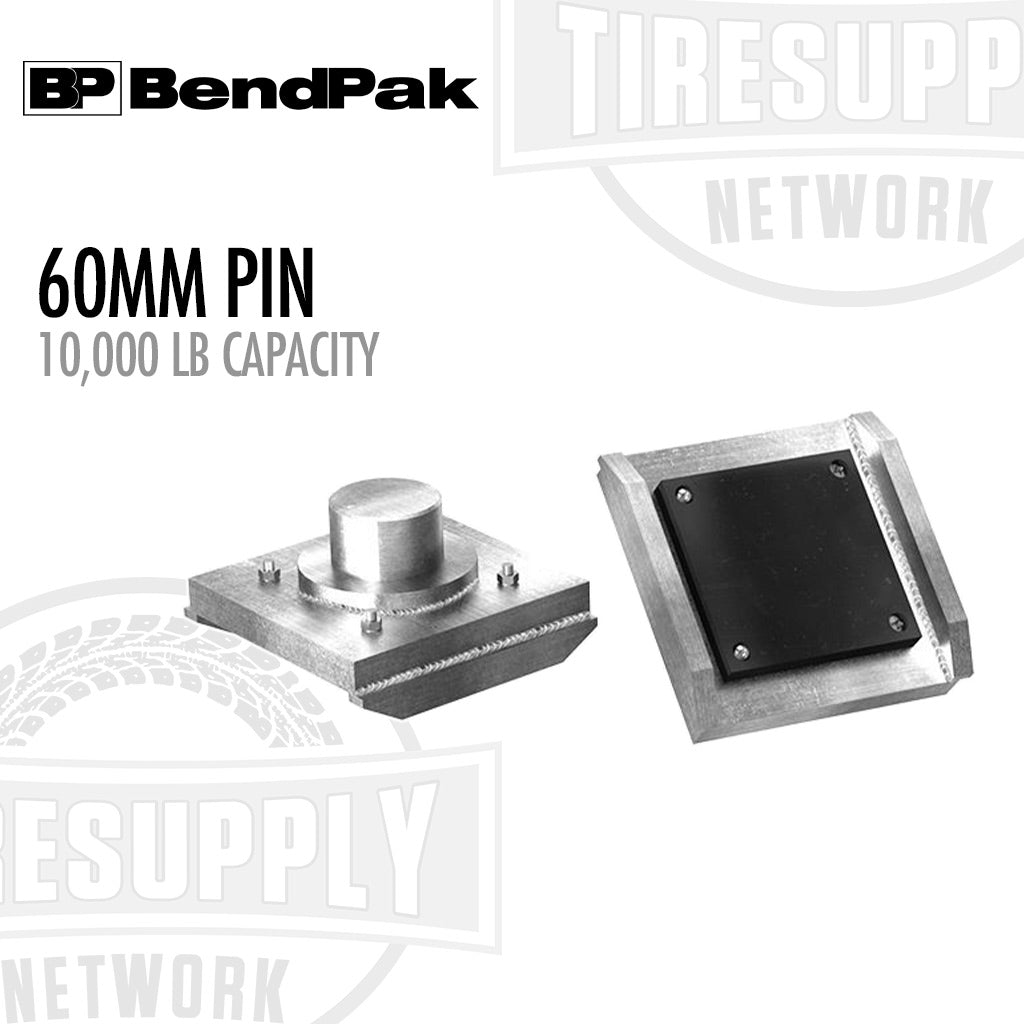 Metal component with 60MM pin and 10,000 LB capacity label on a white background with BendPak and TireSupply Network logos.