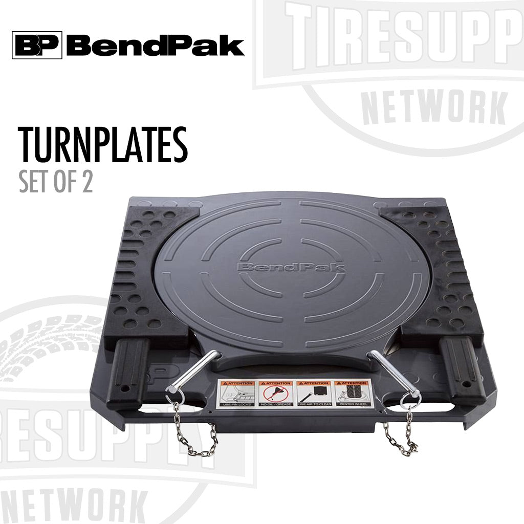 BendPak turnplate set on a white background with brand logos.