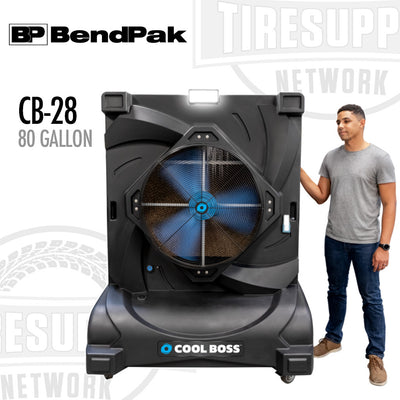 A portable air cooler with a fan in the center, predominantly black in color, with the BendPak logo at the top and 'COOL BOSS' written on the front. A man stands to the right of the cooler. CB-28
