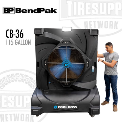 A BendPak Cool Boss CB-36 portable air cooler with a 115 gallon capacity. It is black with blue accents and has a man standing next to it for scale.