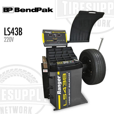 BendPak LS43B laser spot balancer with tire on a white background