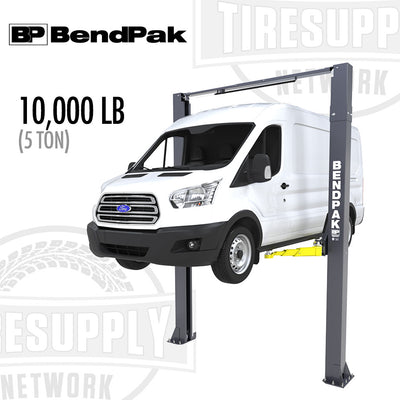 A BendPak 2-Post Lift with a 10,000 lb capacity, featuring a white van elevated on the lift, illustrating the clear-floor design.