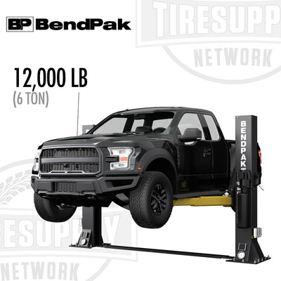 A black BendPak 2-Post Lift with a 12,000 lb capacity, featuring a lifted vehicle on top, intended for automotive repairs and maintenance.