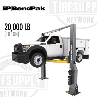 A BendPak 20,000 lb capacity two-post car lift with clearfloor design, featuring a white and black color scheme and branded with the BendPak logo.
