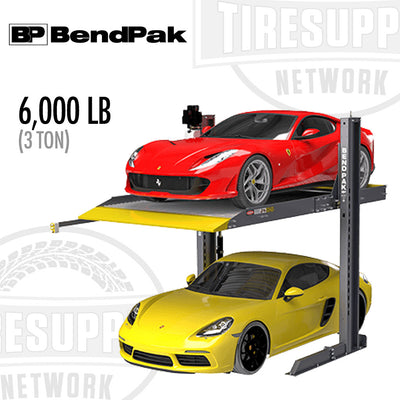 A graphic representation of a BendPak 2-Post Lift with a red car on the upper level and a yellow car on the lower level, indicating a dual vehicle storage capacity.