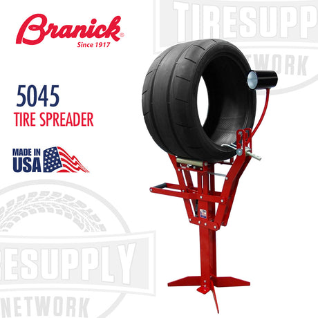 The image shows a Branick 5045 Tire Spreader, which is a tool used for tire repair. The tool is red with a black tire mounted on it, and there is a light with a bulb on an adjustable arm for illumination.