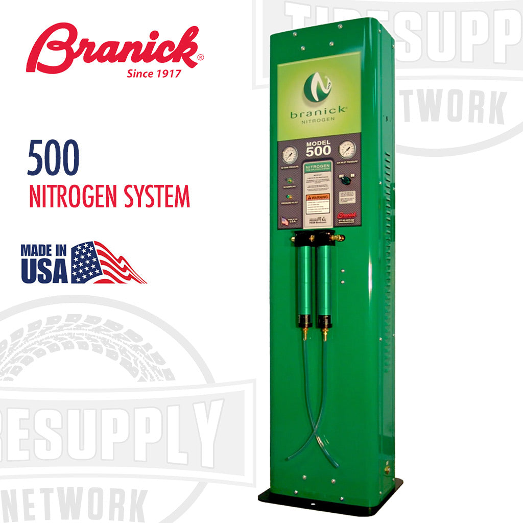 Branick 500 Nitrogen System, a vertical, green-colored industrial equipment piece with brand logo and American flag imagery, made of metal and designed for automotive use.