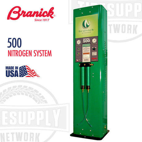 Branick 500 Nitrogen System, a vertical, green-colored industrial equipment piece with brand logo and American flag imagery, made of metal and designed for automotive use.
