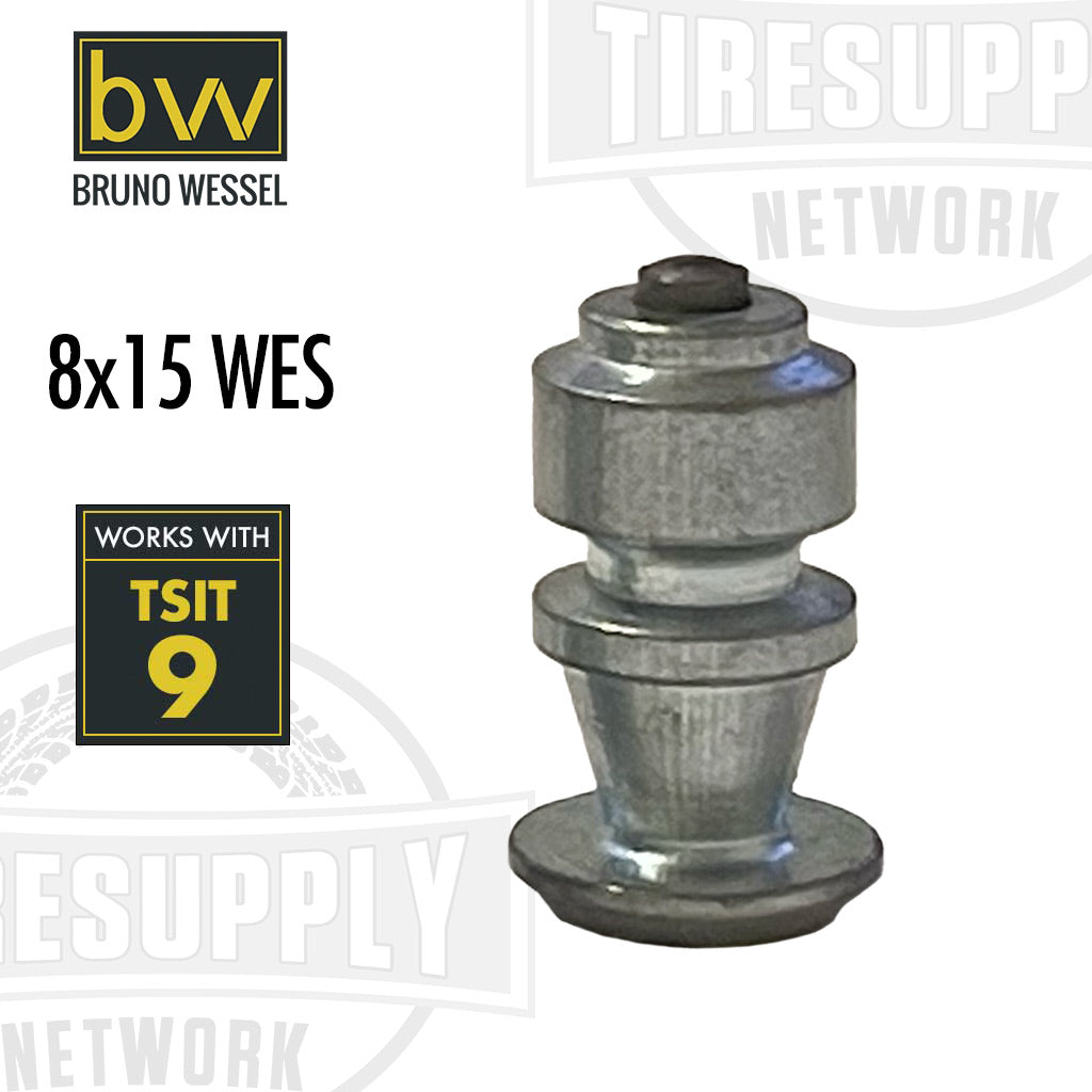 A tire stud from Bruno Wessel, showing a metallic structure with a pin, designed to be inserted into tires to improve grip on icy surfaces. 8X1WES. Works with TSIT 9