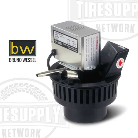 Automatic tire stud feeder with motor and hose, predominantly black in color, with the Bruno Wessel logo visible. BWFP-1