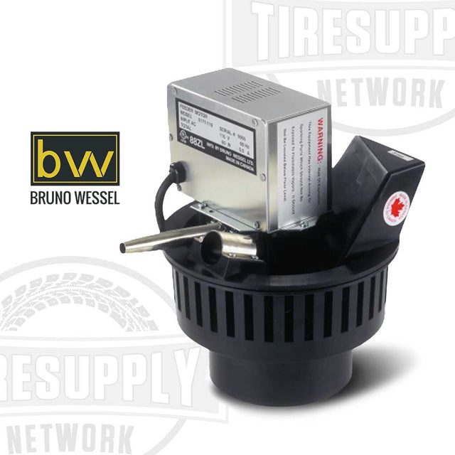 Automatic tire stud feeder with motor and hose, predominantly black in color, with the Bruno Wessel logo visible. BWFP-1